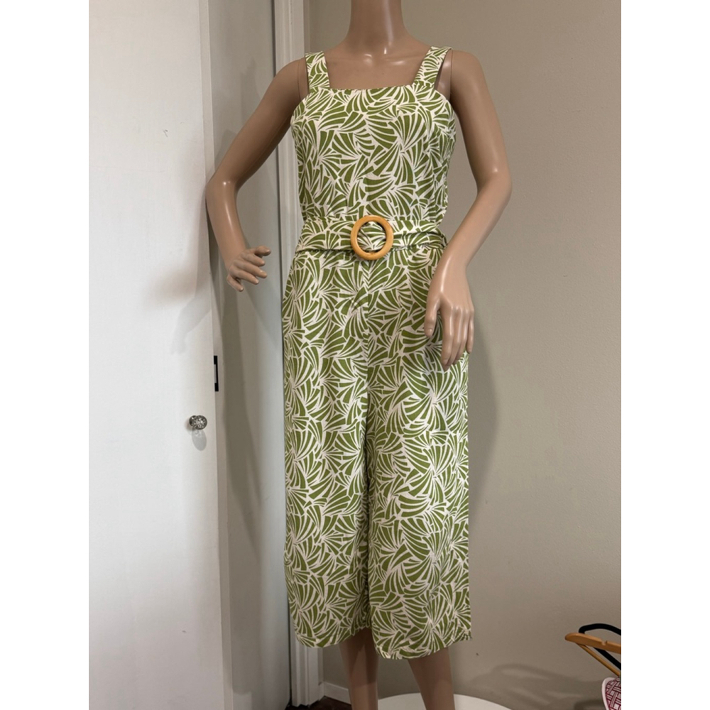 Women's Monteau Los Angeles Green White tropical print belted cropped Jumpsuit M